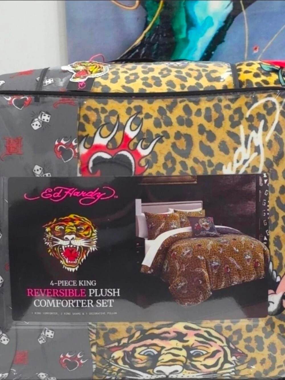 Ed Hardy KING 4 Piece Leopard Tiger Reversible Plush Comforter Set New